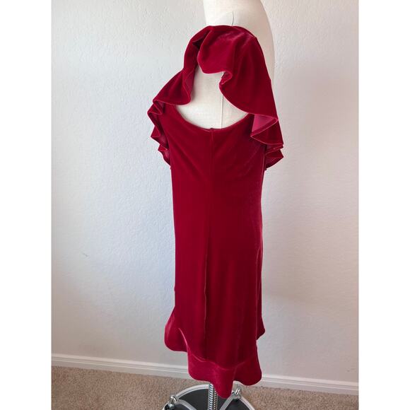 Express Velvet Red One Shoulder Mini Dress Ruffle V Neck size Small Whimsigoth - Picture 7 of 11